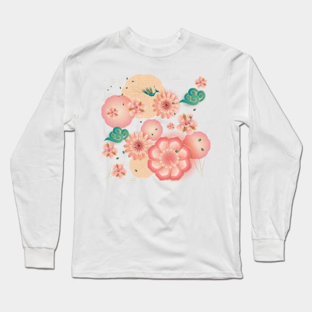Beautiful floral elegant peony, blossom sakuras, lanterns Spring flowers peacock, pink floral decorative pattern. Cute Birthday Gifts. Chines New Year. Long Sleeve T-Shirt by sofiartmedia